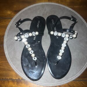 Stuart Weitzman Black Sandals with Pearls and Crystals